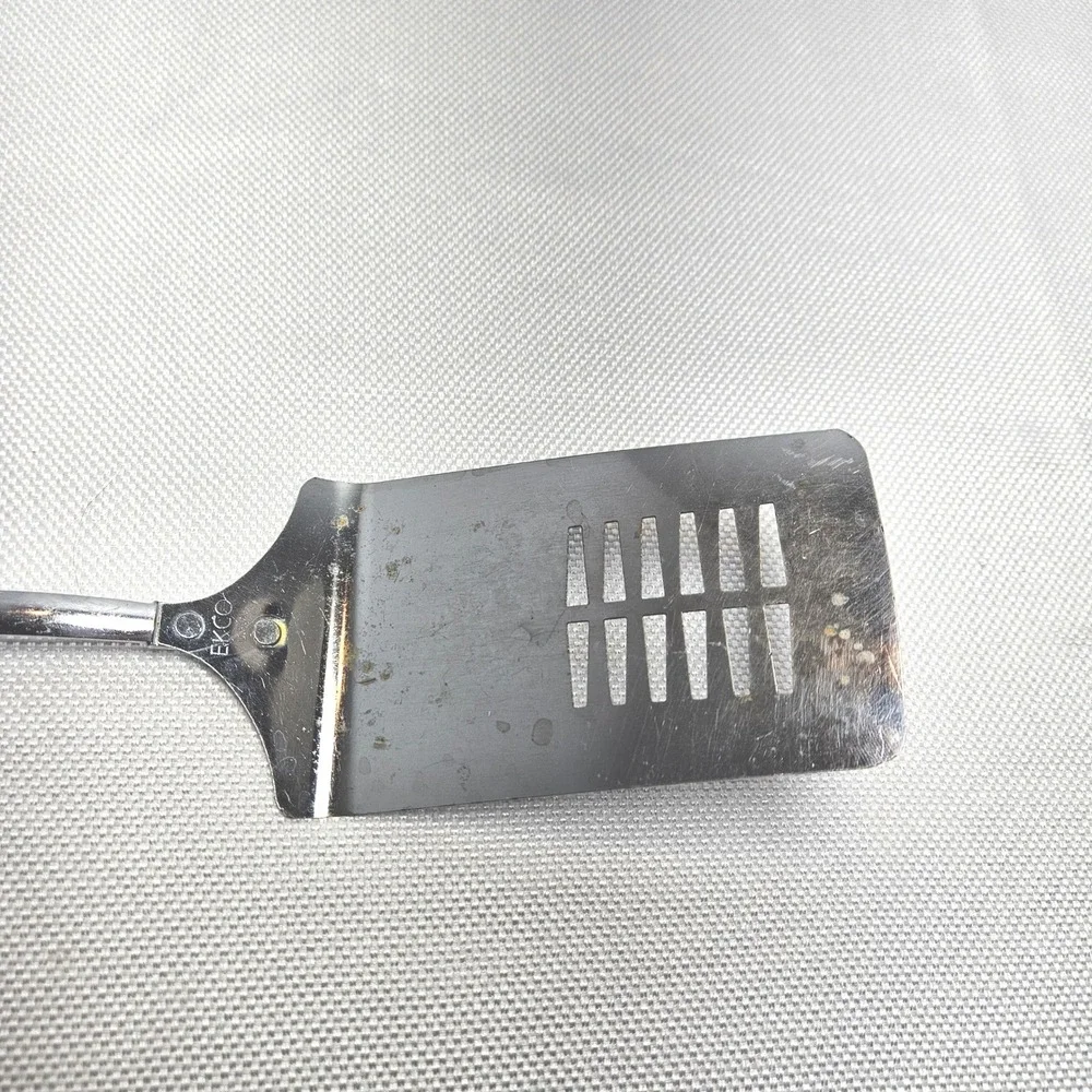 Vintage EKCO Slotted Spatula Turner Stainless Steel Off White Handle Made in USA
